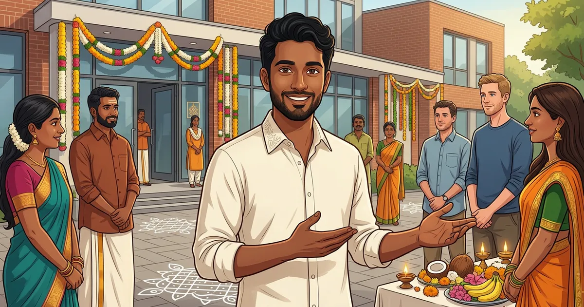 Illustration eines tamilischen Guides, der bei einem festlich geschmückten Tempelritual Besucherinnen und Besuchern kulturelle Hintergründe erklärt