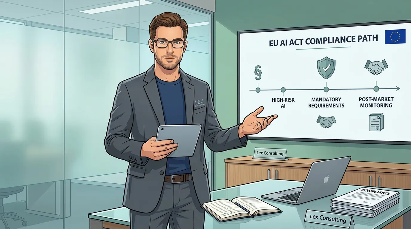 Illustration eines Beraters, der eine EU-AI-Act-Compliance-Roadmap in einem Besprechungsraum erklärt