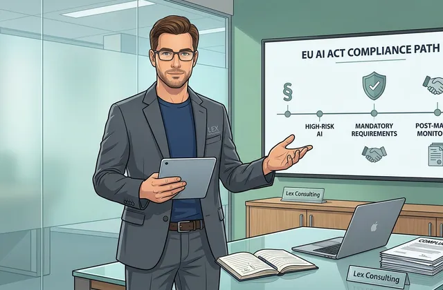 Illustration eines Beraters, der eine EU-AI-Act-Compliance-Roadmap in einem Besprechungsraum erklärt