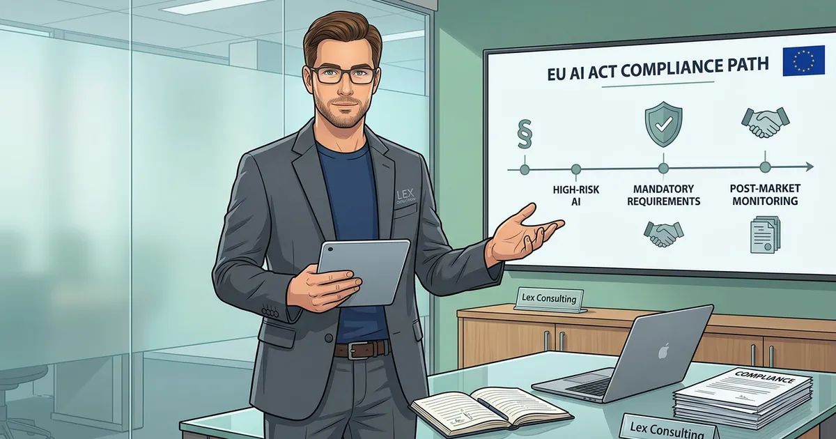 Illustration eines Beraters, der eine EU-AI-Act-Compliance-Roadmap in einem Besprechungsraum erklärt